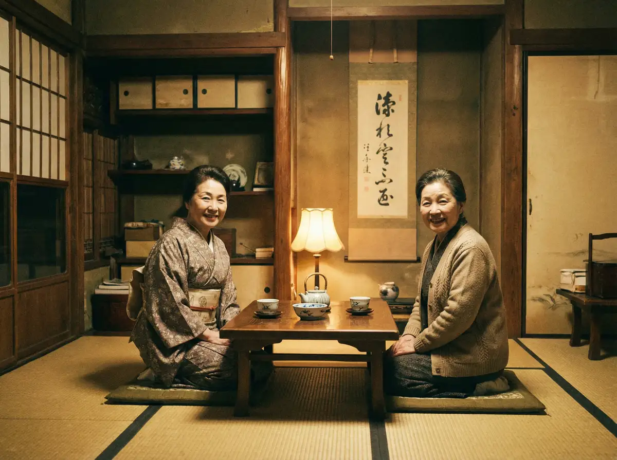 两位优雅的 天马体育网址 在日式茶室中品茶交谈